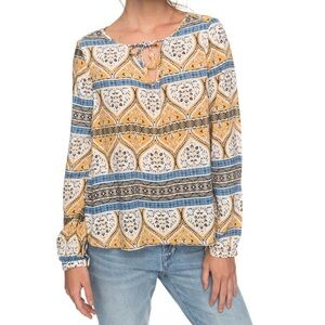 Roxy Women’s Boho Patterned Blouse - Yellow and Blue Size Small Bohemian